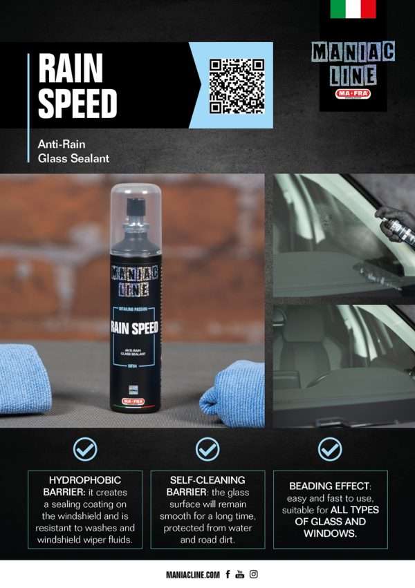 MANIAC LINE RAINSPEED Hidrofobs pārklājums stikliem drošai braukšanai lietus laikā (100ml) – attēls 2